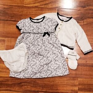 Janie and Jack EUC/NWT 12-18 months ivory/black floral dress, cardigan & socks